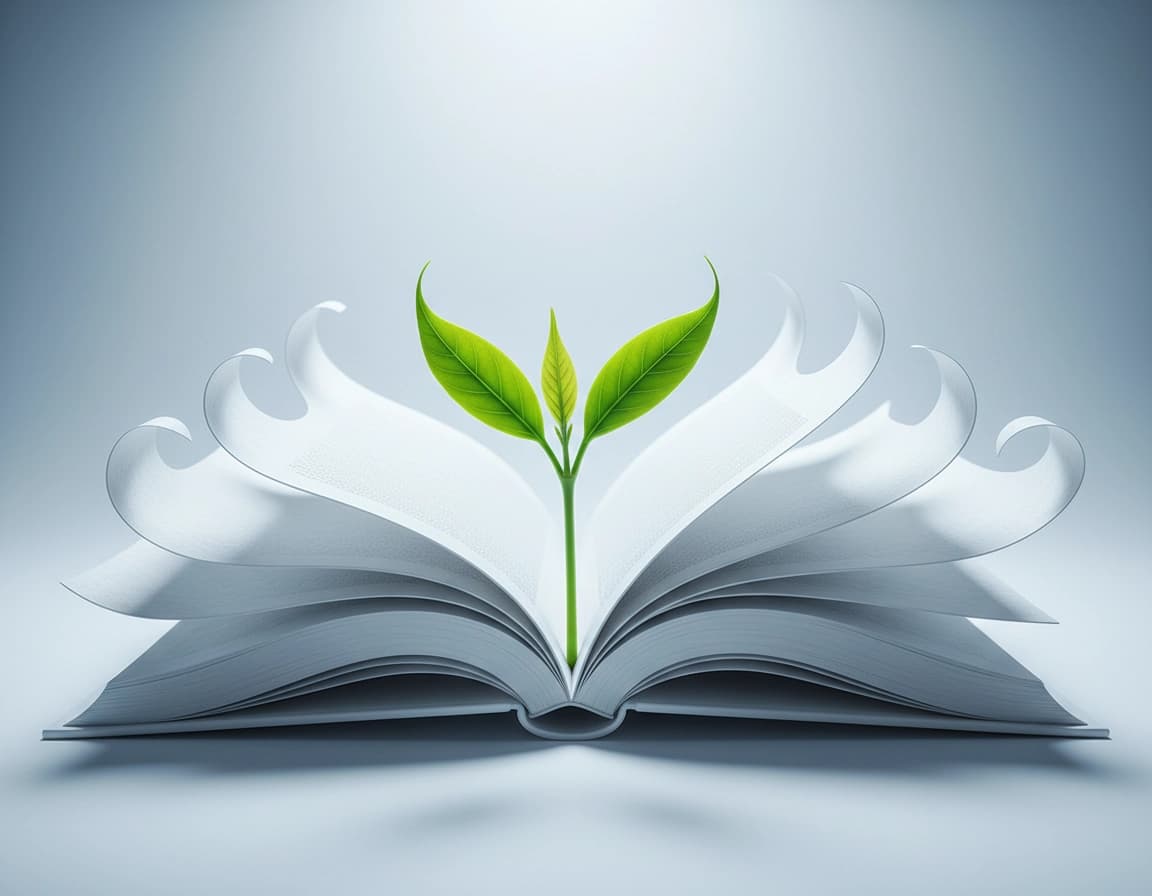 An open book with a growing plant emerging from its pages