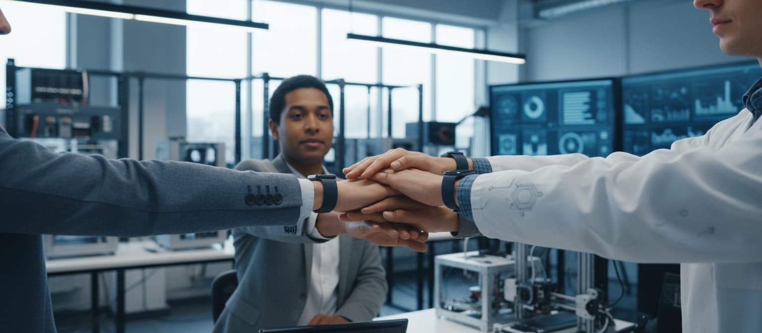 Team members placing hands together in a technology laboratory