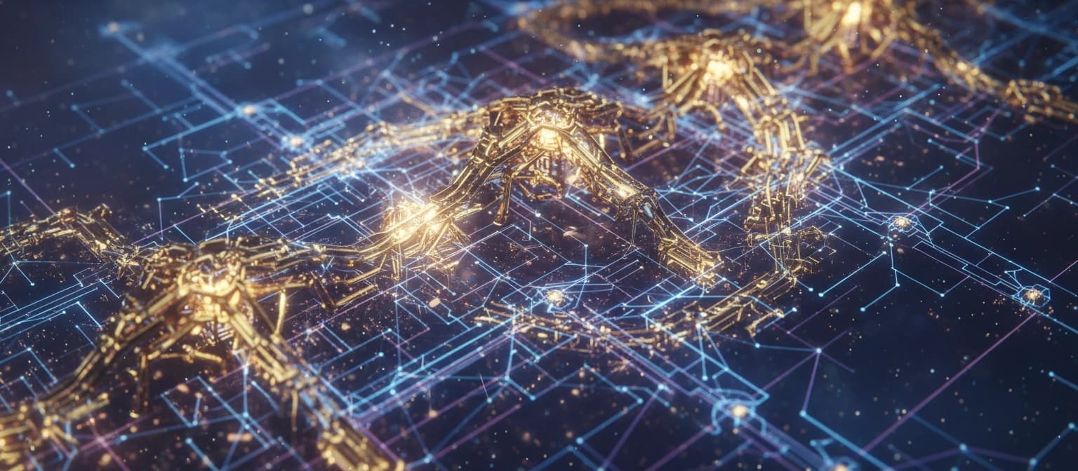 Human and artificial intelligence hands connected by a digital network