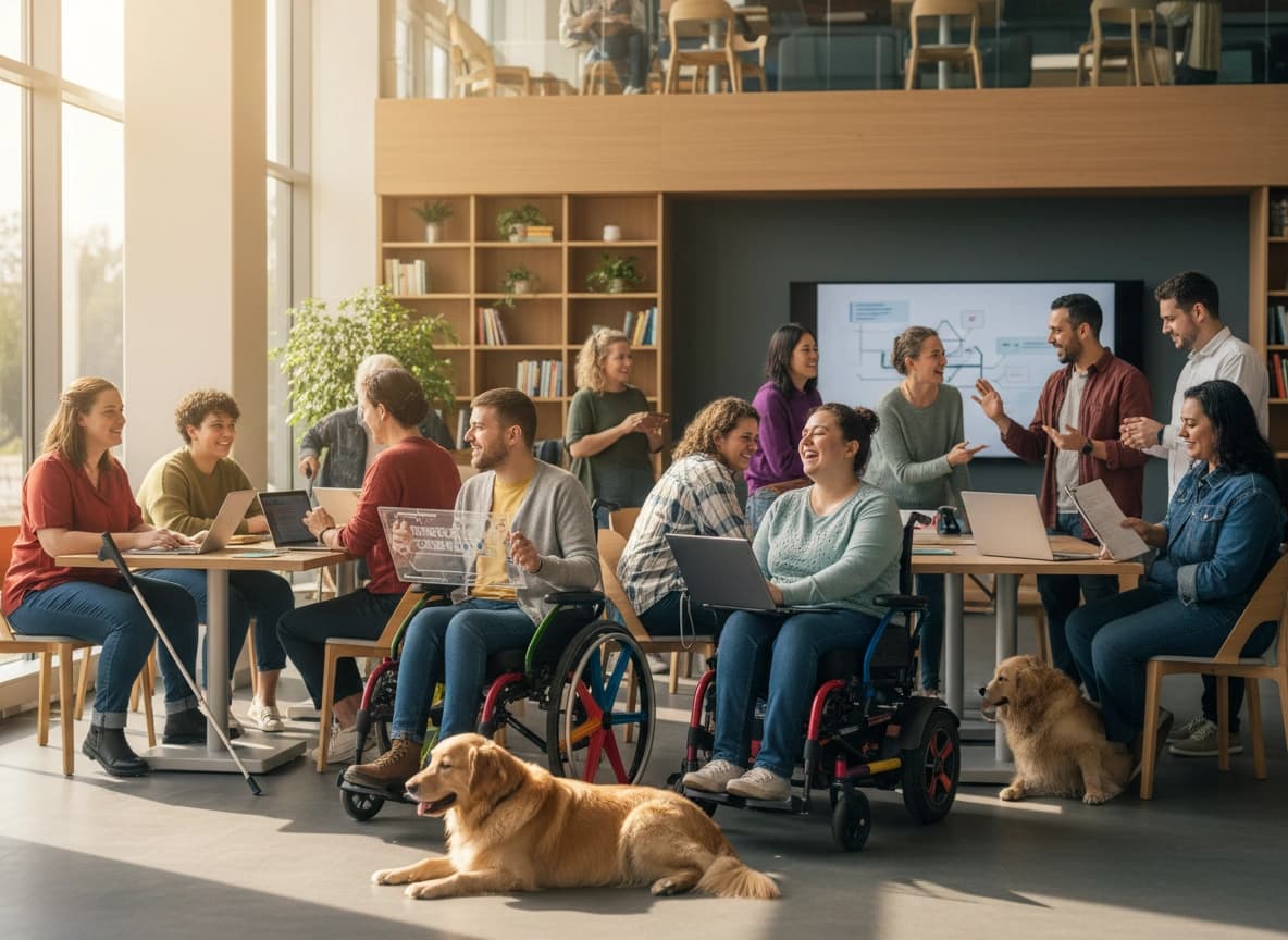 An inclusive team collaborating in a bright workspace