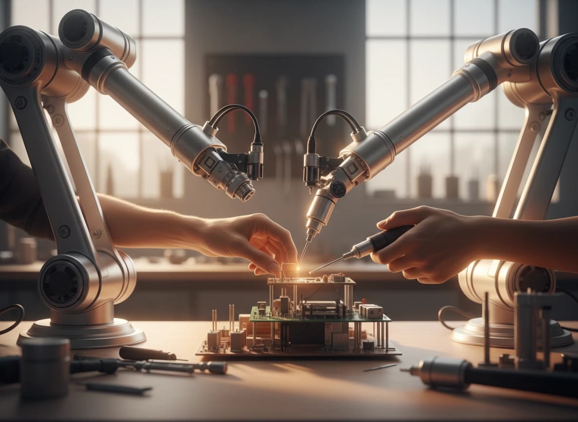 Human hands collaborating with precision robotic arms