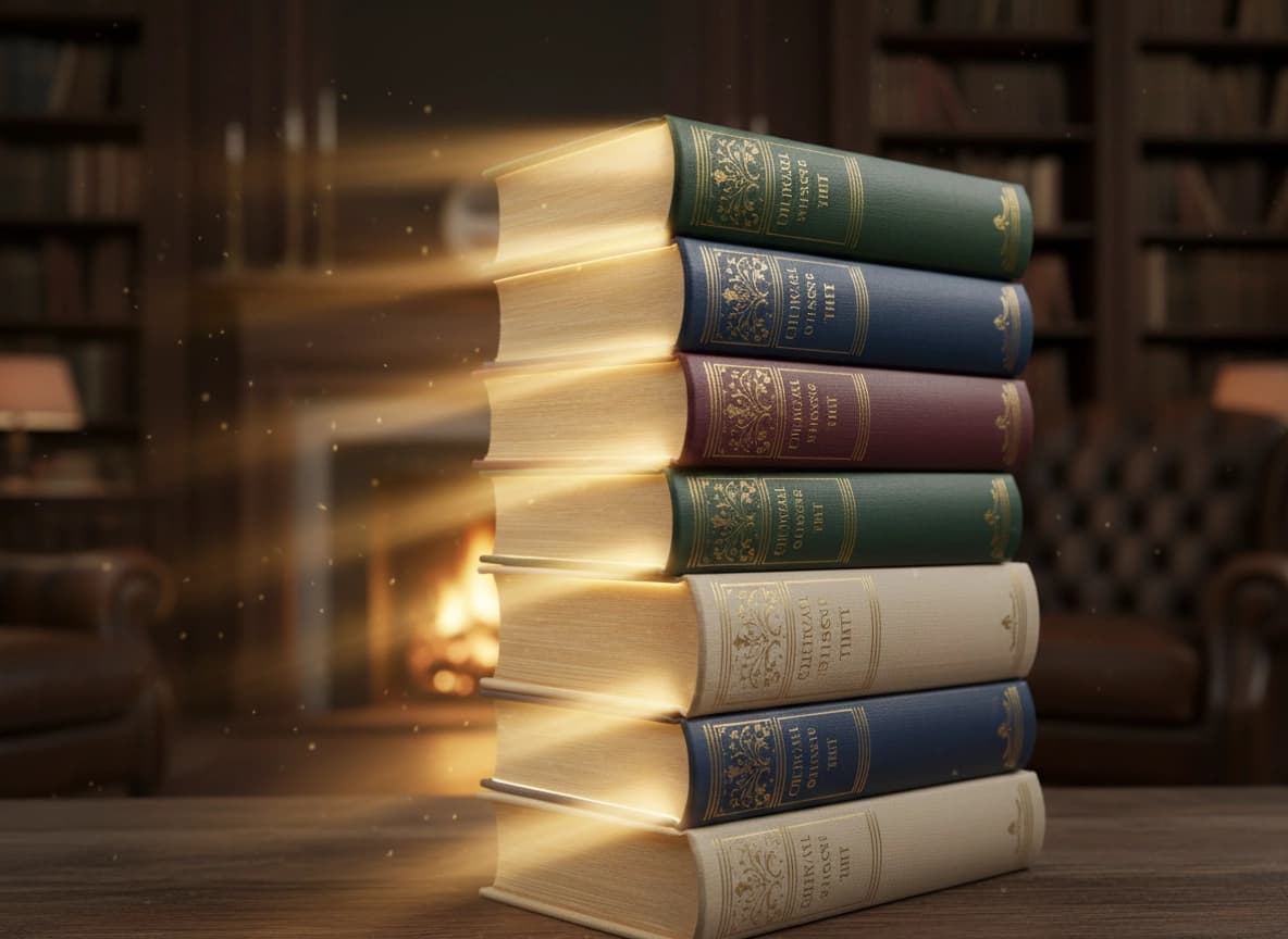 A stack of books illuminated in a library
