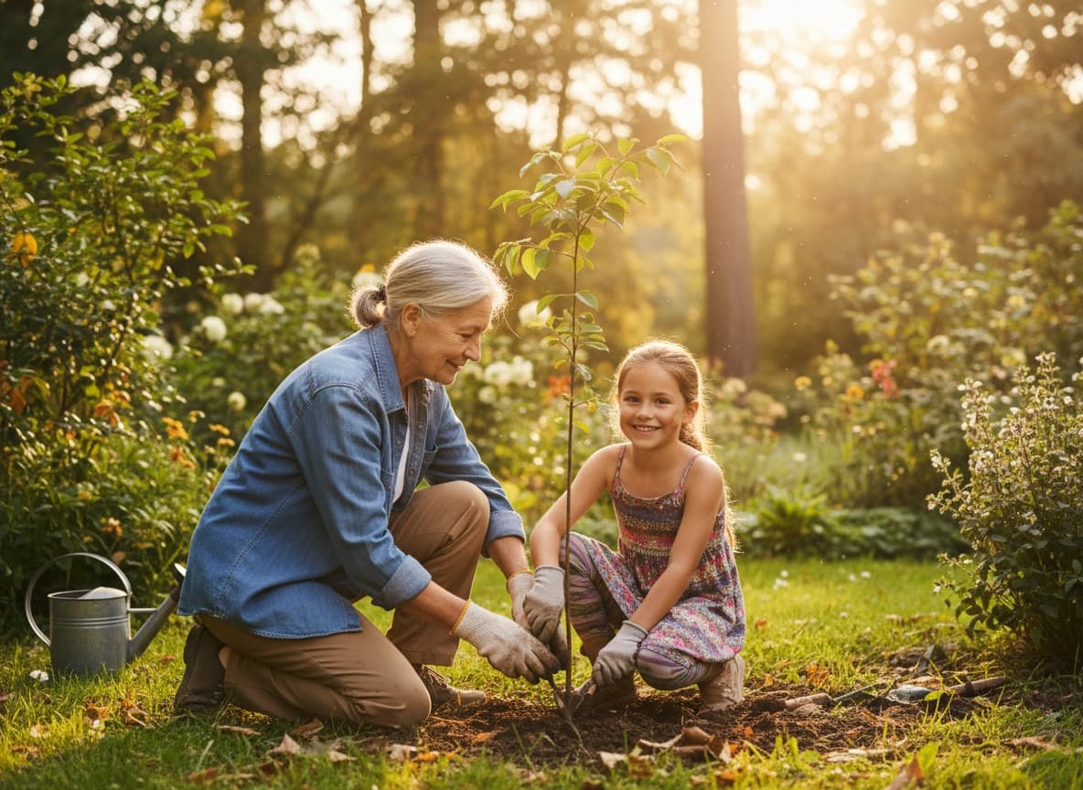 Intergenerational care represented by planting a young tree