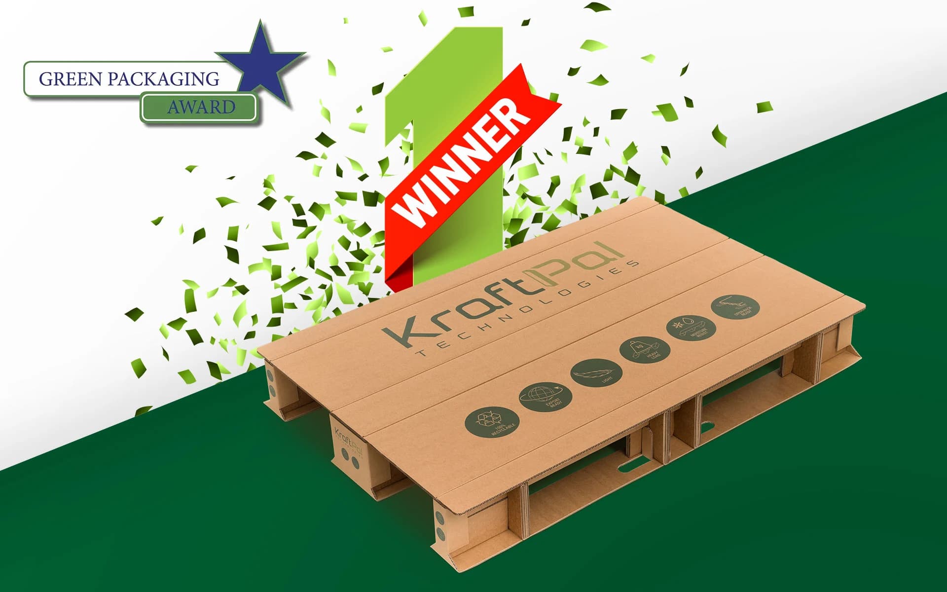 Green Packaging winner graphic featuring a KraftPal corrugated pallet
